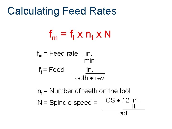 Calculating Feed Rates fm = f t x n t x N fm =