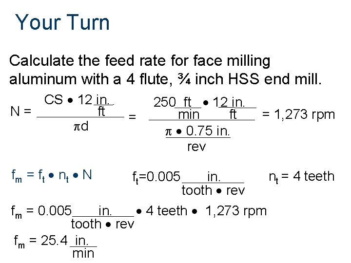 Your Turn Calculate the feed rate for face milling aluminum with a 4 flute,