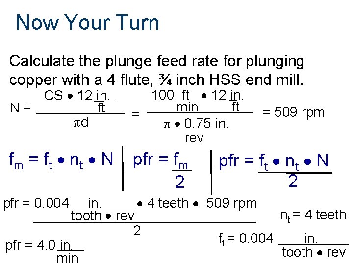 Now Your Turn Calculate the plunge feed rate for plunging copper with a 4