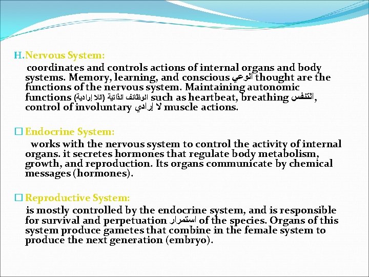 H. Nervous System: coordinates and controls actions of internal organs and body systems. Memory,