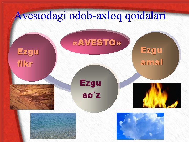 Avestodagi odob-axloq qoidalari Ezgu fikr «AVESTO» Ezgu so`z Ezgu amal 