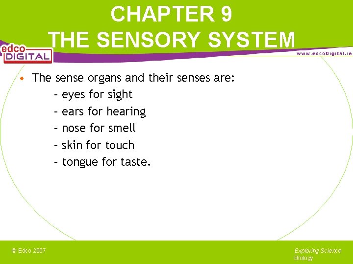 CHAPTER 9 THE SENSORY SYSTEM • The sense organs and their senses are: –