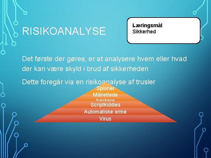 RISIKOANALYSE Læringsmål Sikkerhed Det første der gøres, er at analysere hvem eller hvad der