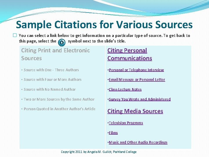 Sample Citations for Various Sources � You can select a link below to get