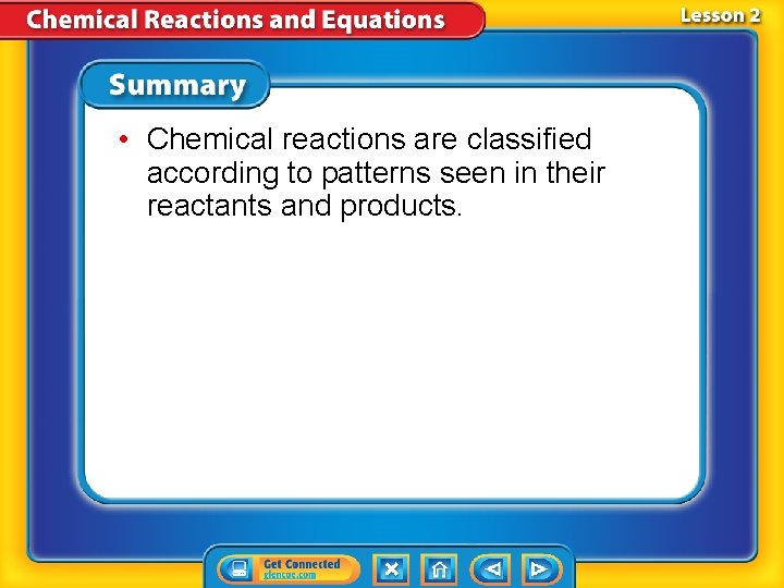  • Chemical reactions are classified according to patterns seen in their reactants and