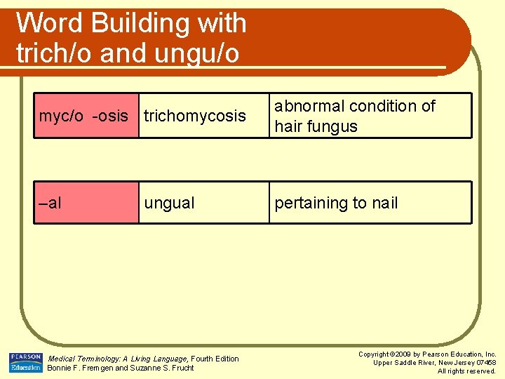 Word Building with trich/o and ungu/o myc/o -osis trichomycosis abnormal condition of hair fungus