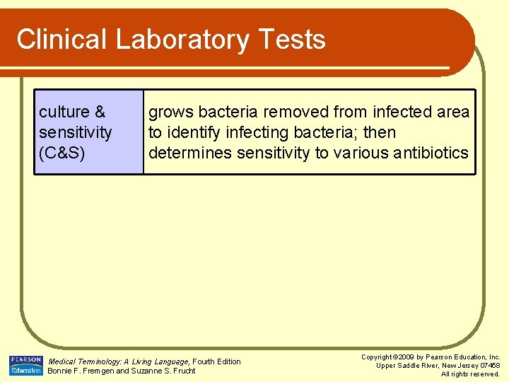 Clinical Laboratory Tests culture & sensitivity (C&S) grows bacteria removed from infected area to