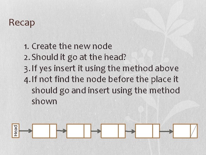 Recap Head 1. Create the new node 2. Should it go at the head?