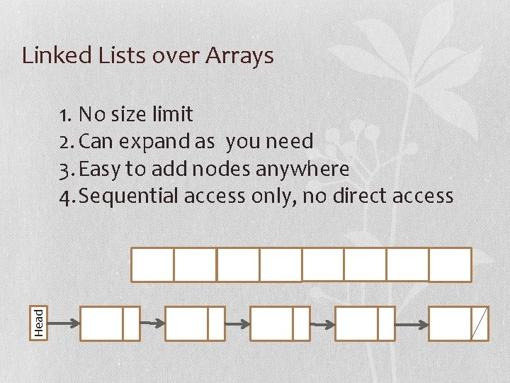 Linked Lists over Arrays Head 1. No size limit 2. Can expand as you
