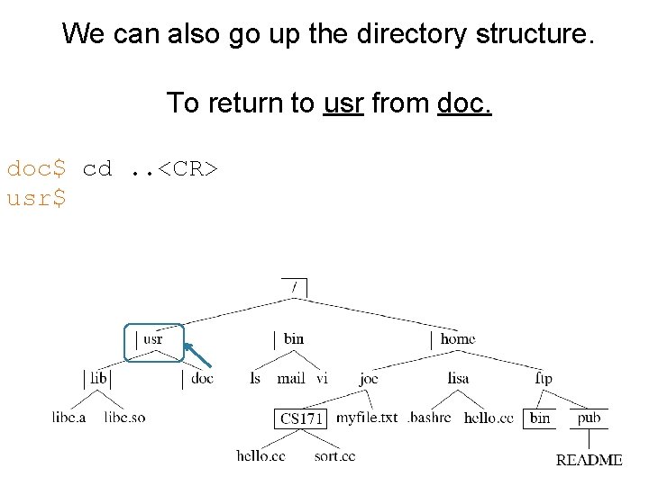 We can also go up the directory structure. To return to usr from doc$