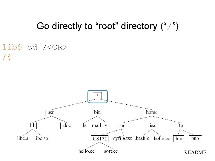Go directly to “root” directory (“/”) lib$ cd /<CR> /$ 