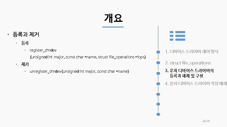 개요 • 등록과 제거 • 등록 • register_chrdev 1. 디바이스 드라이버 제어 방식 (unsigned