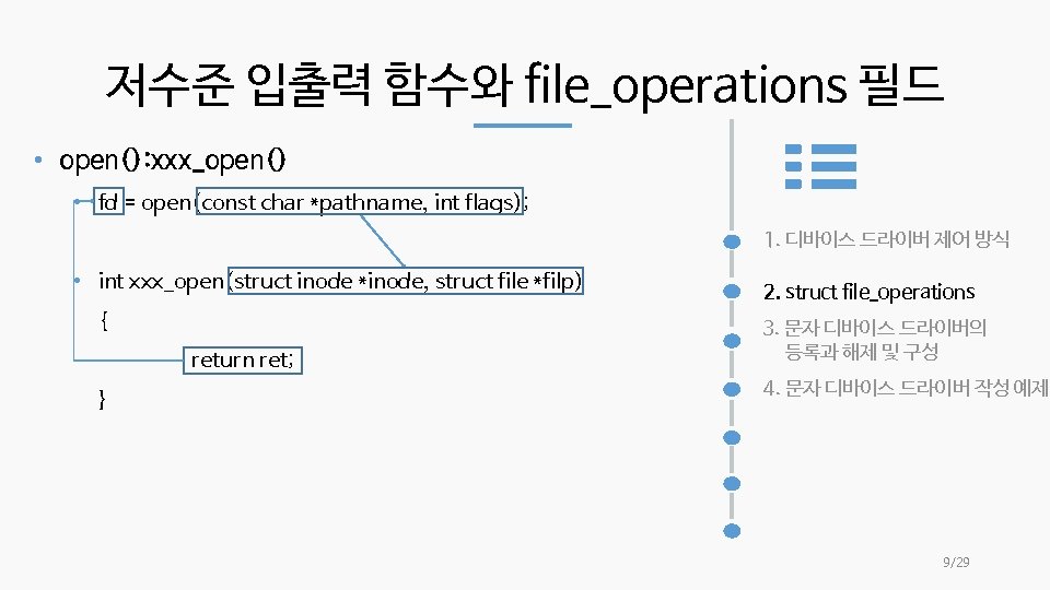 저수준 입출력 함수와 file_operations 필드 • open(): xxx_open() • fd = open(const char *pathname,