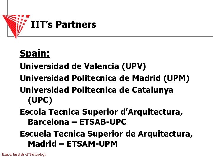 IIT’s Partners Spain: Universidad de Valencia (UPV) Universidad Politecnica de Madrid (UPM) Universidad Politecnica