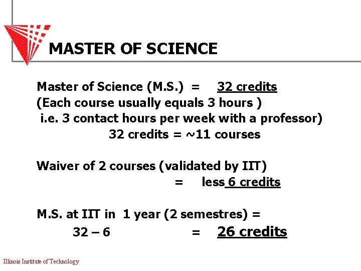 MASTER OF SCIENCE Master of Science (M. S. ) = 32 credits (Each course