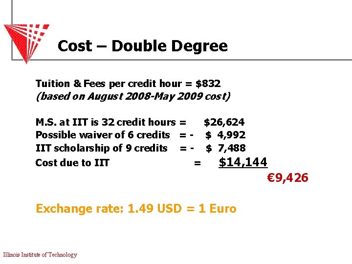 Cost – Double Degree Tuition & Fees per credit hour = $832 (based on