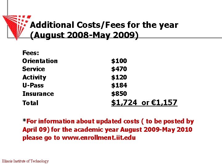 Additional Costs/Fees for the year (August 2008 -May 2009) Fees: Orientation Service Activity U-Pass