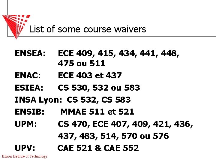 List of some course waivers ENSEA: ECE 409, 415, 434, 441, 448, 475 ou