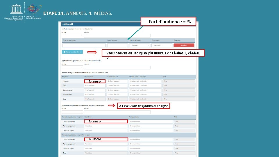 ETAPE 14. ANNEXES. 4. MÉDIAS. Part d’audience = % Vous pouvez en indiquer plusieurs. ETAPE 14. ANNEXES. 4. MÉDIAS. Part d’audience = % Vous pouvez en indiquer plusieurs.