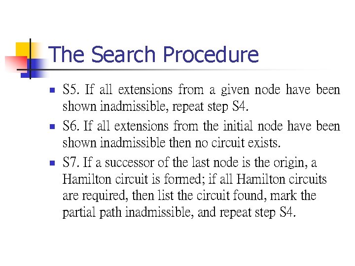 The Search Procedure n n n S 5. If all extensions from a given
