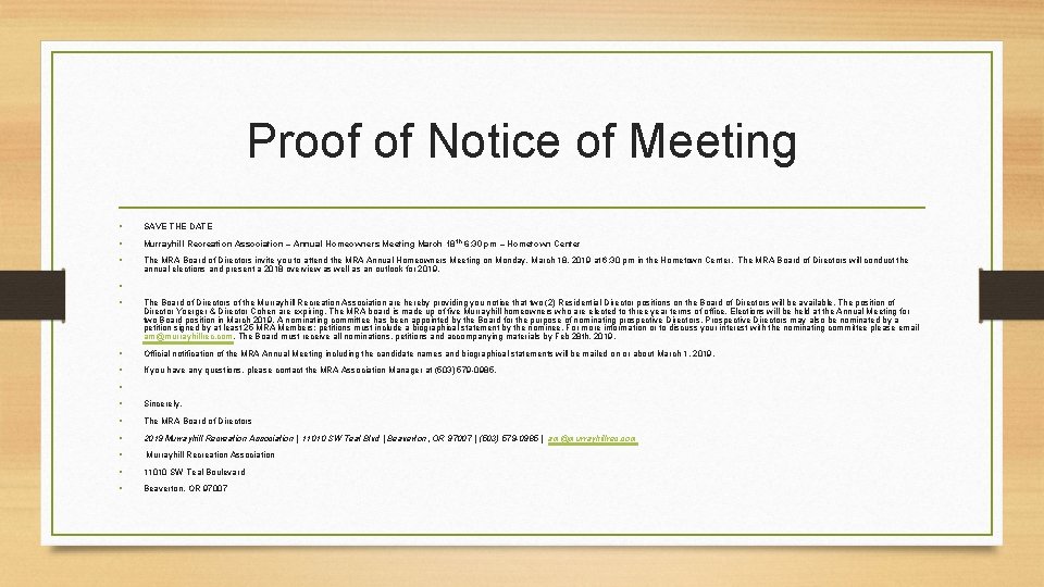 Proof of Notice of Meeting • SAVE THE DATE • Murrayhill Recreation Association –