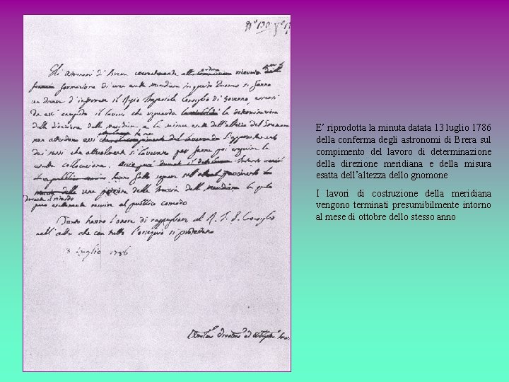 E’ riprodotta la minuta datata 13 luglio 1786 della conferma degli astronomi di Brera