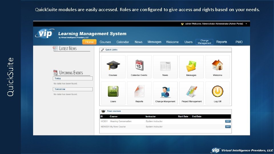 Quick. Suite modules are easily accessed. Roles are configured to give access and rights