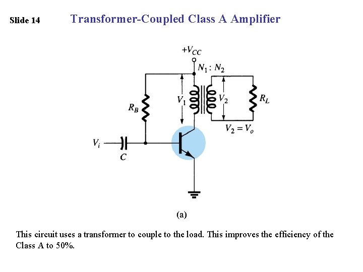 Slide 14 Transformer-Coupled Class A Amplifier This circuit uses a transformer to couple to