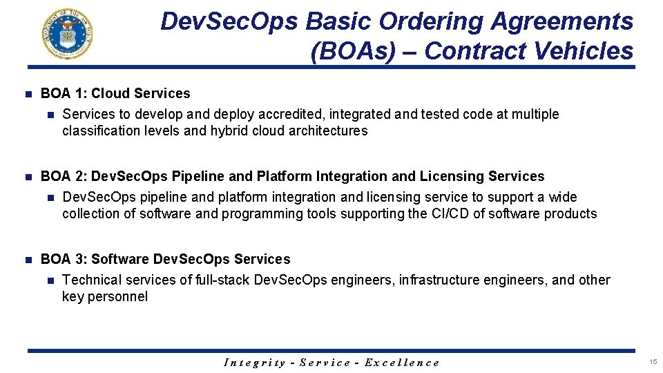Dev. Sec. Ops Basic Ordering Agreements (BOAs) – Contract Vehicles n BOA 1: Cloud