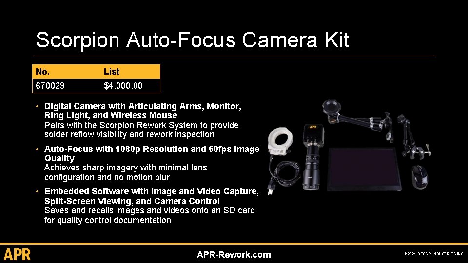 Scorpion Auto-Focus Camera Kit No. List 670029 $4, 000. 00 • Digital Camera with