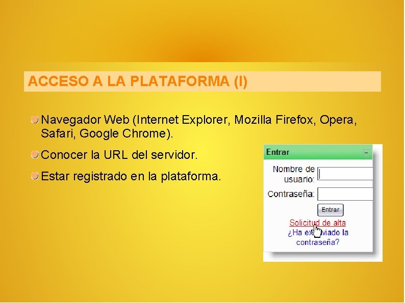 ACCESO A LA PLATAFORMA (I) Navegador Web (Internet Explorer, Mozilla Firefox, Opera, Safari, Google