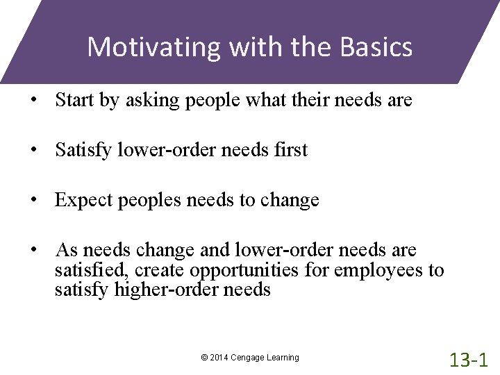 Motivating with the Basics • Start by asking people what their needs are •