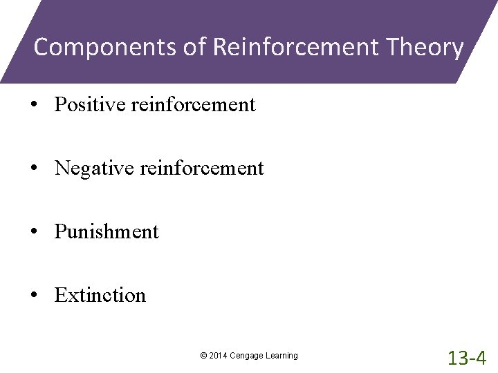 Components of Reinforcement Theory • Positive reinforcement • Negative reinforcement • Punishment • Extinction