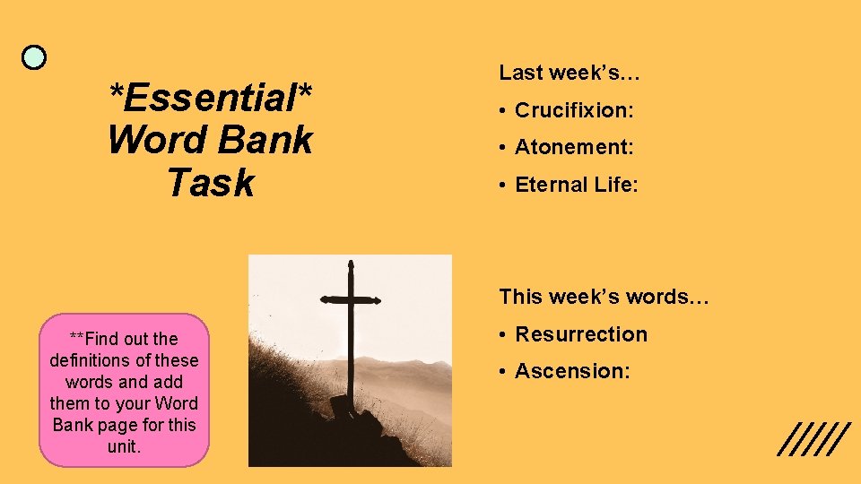 *Essential* Word Bank Task Last week’s… • Crucifixion: • Atonement: • Eternal Life: This *Essential* Word Bank Task Last week’s… • Crucifixion: • Atonement: • Eternal Life: This