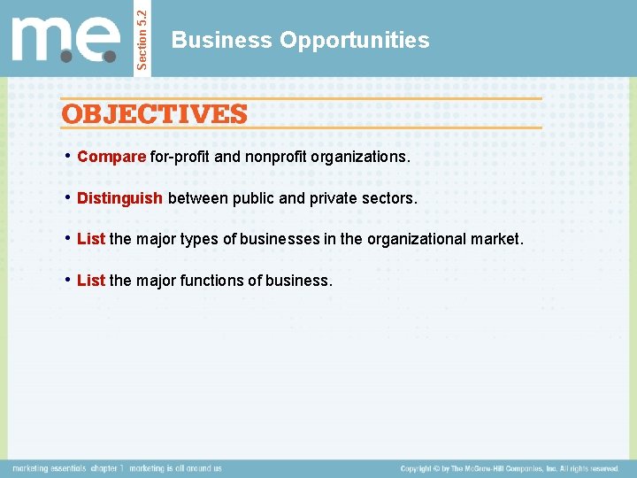 Section 5. 2 Business Opportunities • Compare for-profit and nonprofit organizations. • Distinguish between