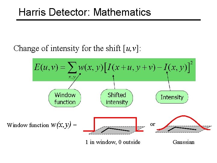 Harris Detector: Mathematics Change of intensity for the shift [u, v]: Window function w(x,