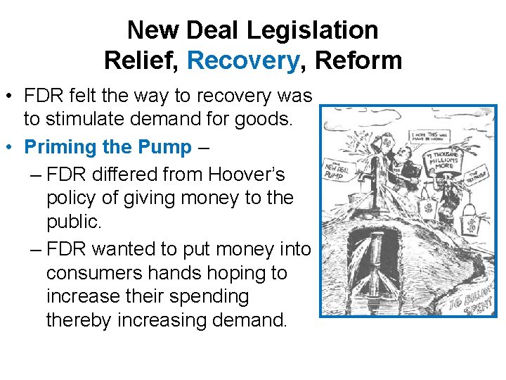 New Deal Legislation Relief, Recovery, Reform • FDR felt the way to recovery was