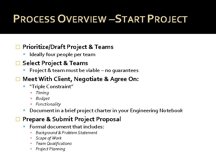 PROCESS OVERVIEW –START PROJECT � Prioritize/Draft Project & Teams Ideally four people per team