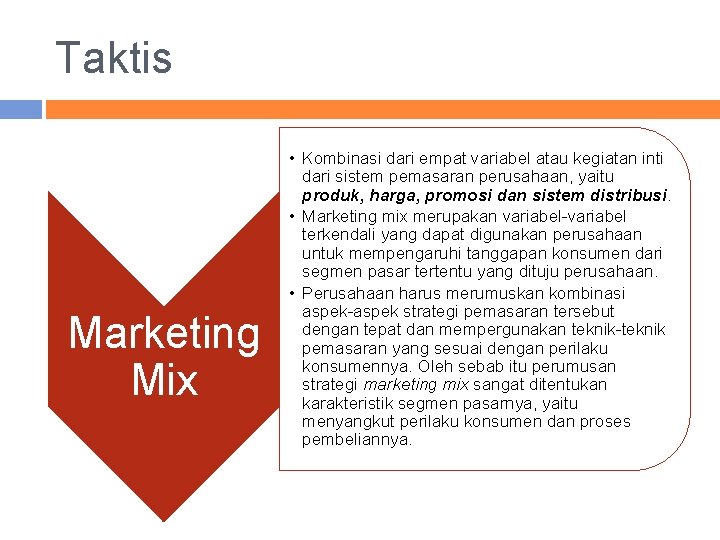 Taktis Marketing Mix • Kombinasi dari empat variabel atau kegiatan inti dari sistem pemasaran