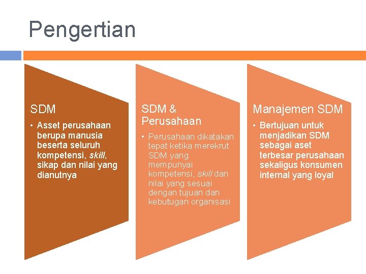 Pengertian SDM • Asset perusahaan berupa manusia beserta seluruh kompetensi, skill, sikap dan nilai