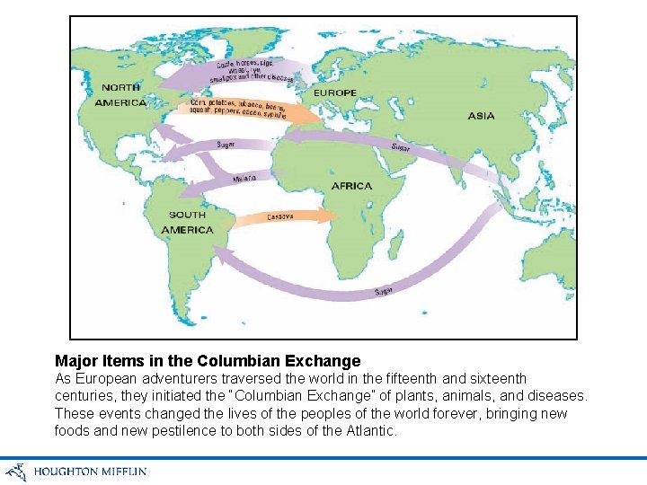 Major Items in the Columbian Exchange As European adventurers traversed the world in the