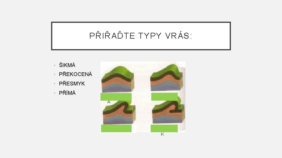 PŘIŘAĎTE TYPY VRÁS: • ŠIKMÁ • PŘEKOCENÁ • PŘESMYK • PŘÍMÁ PŘÍM Á ŠIKMÁ