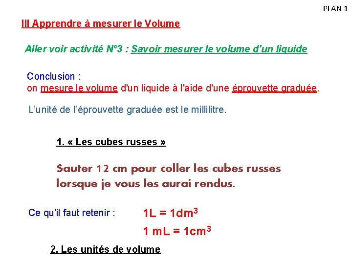 PLAN 1 III Apprendre à mesurer le Volume Aller voir activité N° 3 :