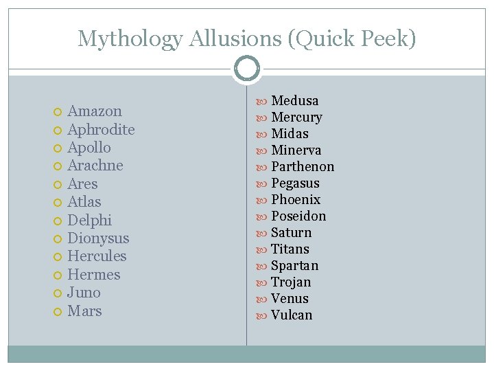 Mythology Allusions (Quick Peek) Amazon Aphrodite Apollo Arachne Ares Atlas Delphi Dionysus Hercules Hermes