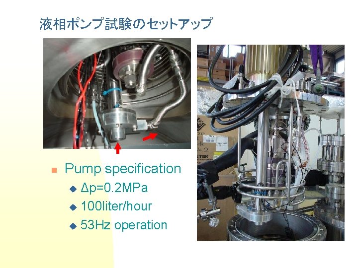 液相ポンプ試験のセットアップ n Pump specification Δp=0. 2 MPa u 100 liter/hour u 53 Hz operation