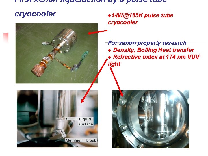 First xenon liquefaction by a pulse tube cryocooler ● 14 W@165 K pulse tube