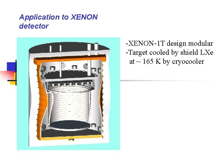 Application to XENON detector -XENON-1 T design modular -Target cooled by shield LXe at