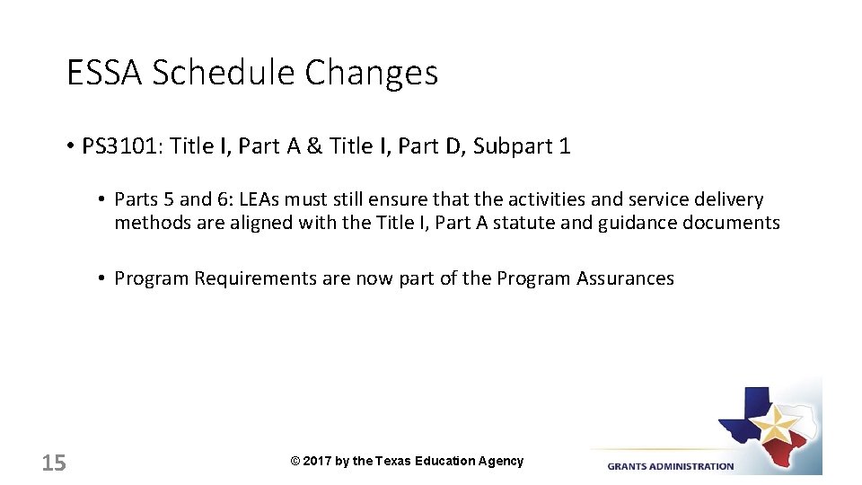 ESSA Schedule Changes • PS 3101: Title I, Part A & Title I, Part
