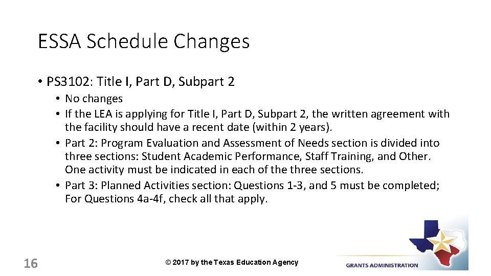 ESSA Schedule Changes • PS 3102: Title I, Part D, Subpart 2 • No