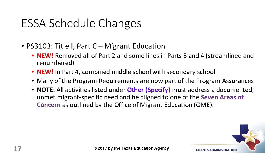 ESSA Schedule Changes • PS 3103: Title I, Part C – Migrant Education •